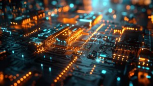 Close-up view of an abstract circuit board, showcasing glowing orange and blue lines, highlighting the complexity of modern technology.