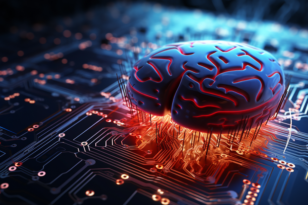 Electronic brain with tendrils connected to a motherboard