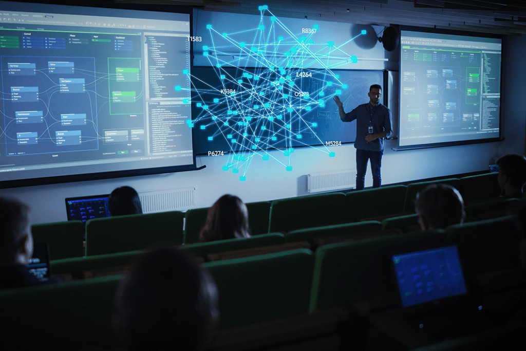 Cybersecurity teacher teaching cybersecurity college students